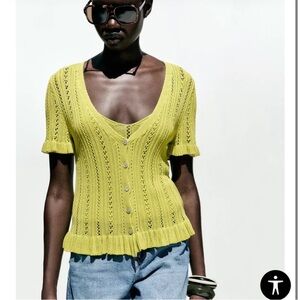 Zara Lime Green Pointelle Ruffled Knit Cardigan and Top Set
